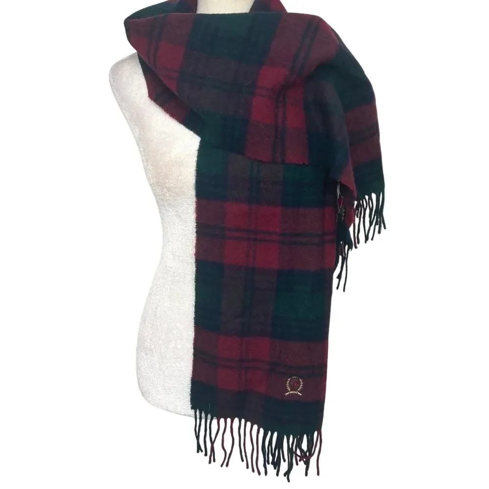 Vtg 90s Tommy Hilfiger Wool Scotland Tartan Plaid Scarf Old Money Preppy Crest